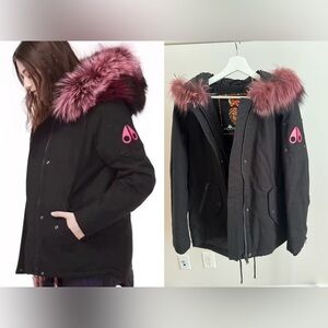 Moose Knuckles Black Jacket with Pink Fur Hood